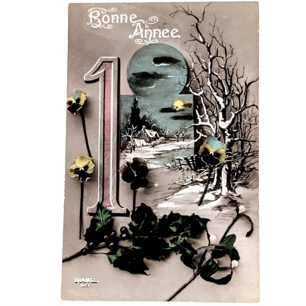 1929 French Bonne Année Postcard Winter Scene DIANE No. 147